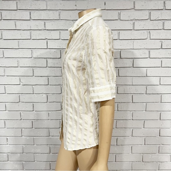 New York & Company Women’s White Gold Striped Short Sleeve Button Down - Picture 5 of 9
